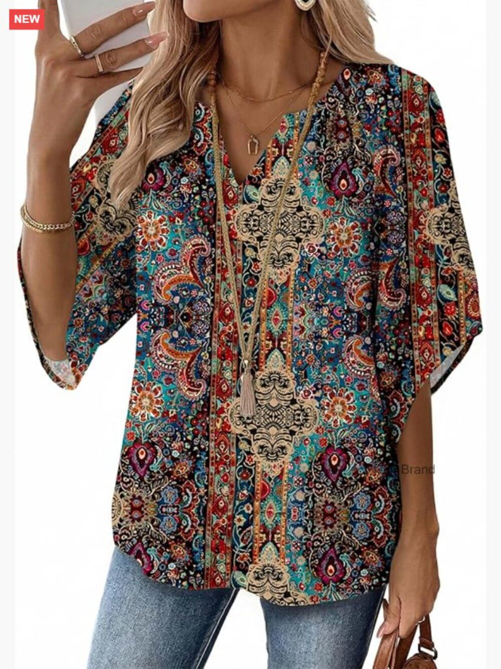 Bohemian V-Neck Tunic 3/4 Sleeve Loose Fit Floral Blouse Rayon
